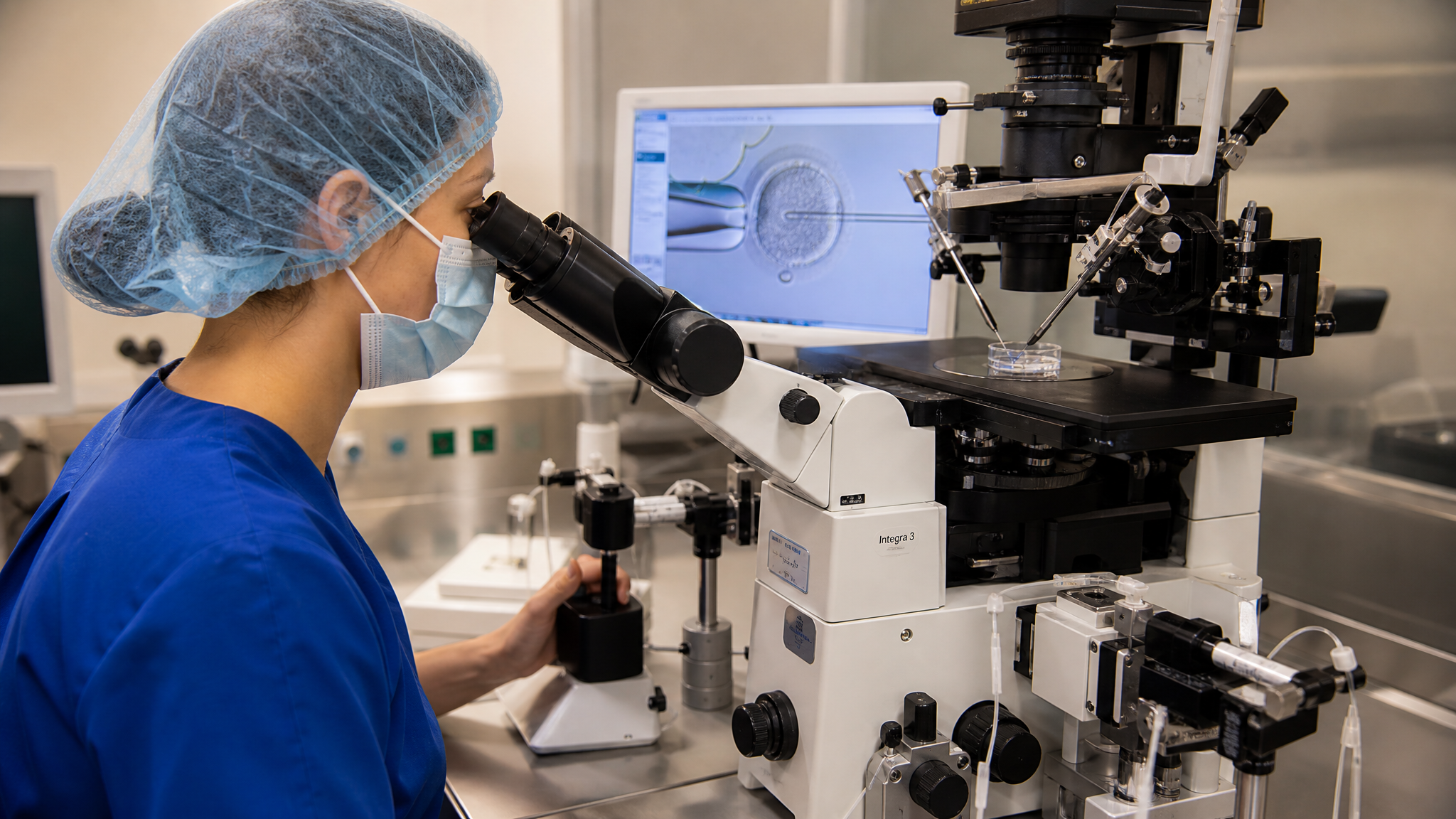 Clinical embryologist at ICSI microscope